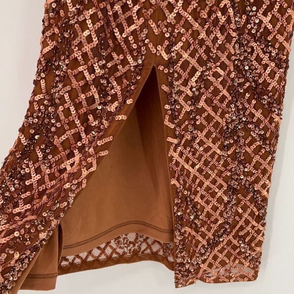 NWT Mac Duggal Copper Sequin Beaded Plaid Halter Neck Lined Cocktail Dress Size - Picture 9 of 16